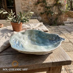 Ceramic Oyster Shell Bowl, Teal Blue Glazed Pottery, Coastal Decor