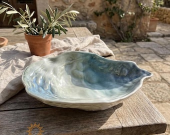 Ceramic Oyster Shell Bowl, Teal Blue Glazed Pottery, Coastal Decor