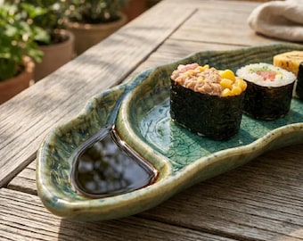 Handmade Ceramic Sushi Plate with Soy Dish, Stoneware Platter, Blue Green Glaze