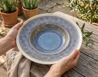 Handmade Ceramic Pasta Bowl, Rustic Blue Stoneware, Wabi Sabi Dinnerware, Farmhouse Serving Dish