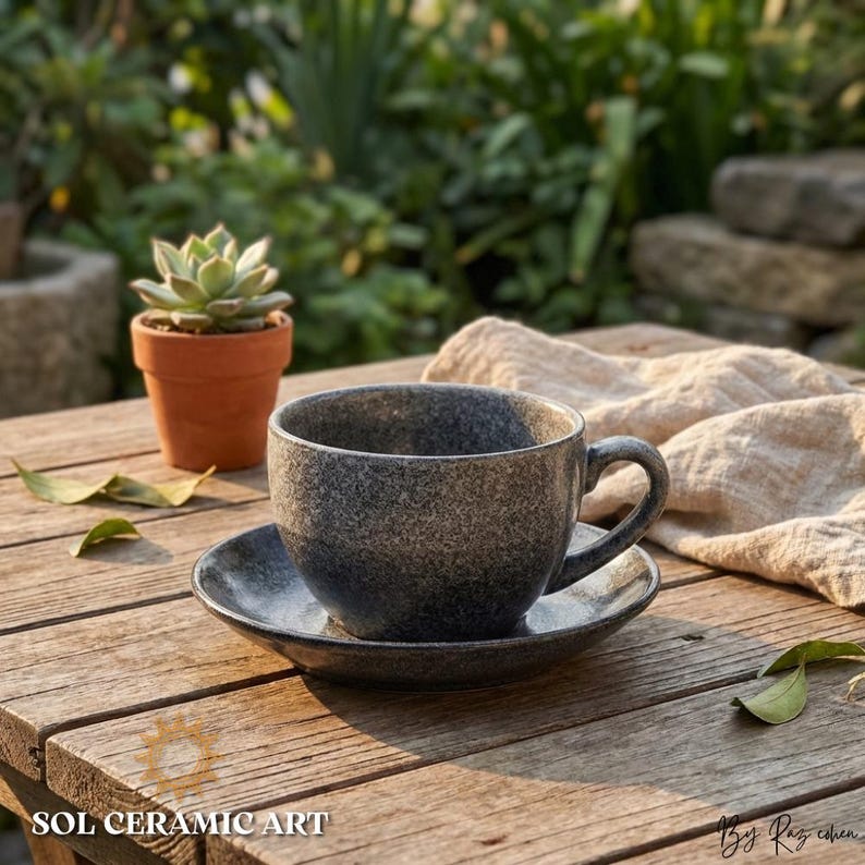 Handmade Gradient Ceramic Coffee Cup and Saucer Set, Artisan Stoneware Speckled Grey