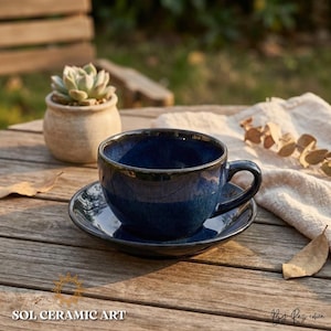 Handmade Gradient Ceramic Coffee Cup and Saucer Set, Artisan Stoneware Midnight Blue
