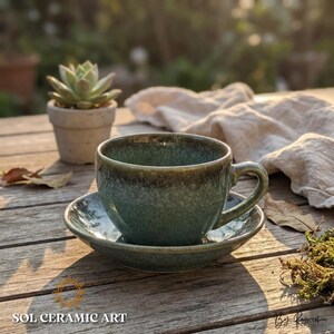 Handmade Gradient Ceramic Coffee Cup and Saucer Set, Artisan Stoneware Forest Green