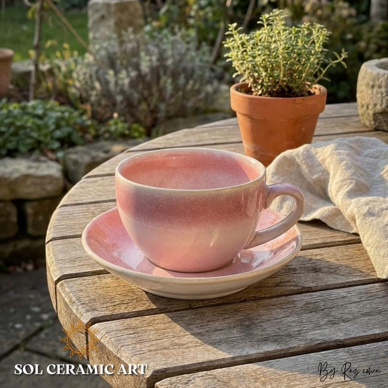 Handmade Gradient Ceramic Coffee Cup and Saucer Set, Artisan Stoneware Rose Ombre