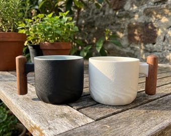 Handmade Japanese Espresso Cup, Rustic Stoneware Mug with Wood Handle