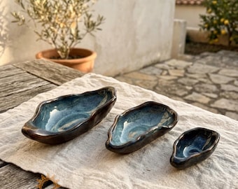 Handmade Ceramic Oyster Shell Bowls, Teal Blue Wabi Sabi Coastal Decor