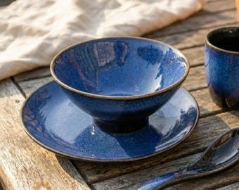Handmade Stoneware Dinnerware Set, Blue Green Wabi Sabi Pottery