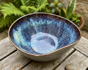 Handmade Blue Galaxy Ceramic Bowl Set, Organic Wabi Sabi Pottery, Unique Housewarming Gift Ideas