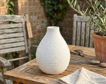 Textured White Ceramic Vase, Organic Modern Ribbed Pottery, Farmhouse Table Decor