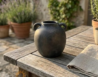 Wabi Sabi Ceramic Vase with Handles, Distressed Cream Mediterranean Farmhouse Decor