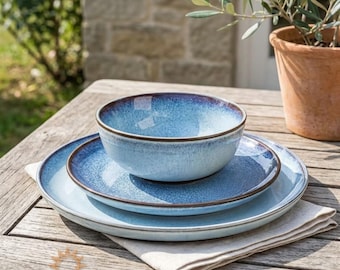 Handmade Wabi Sabi Dinnerware Set, Ocean Blue Pottery Plates, Rustic Mediterranean Tableware Gift