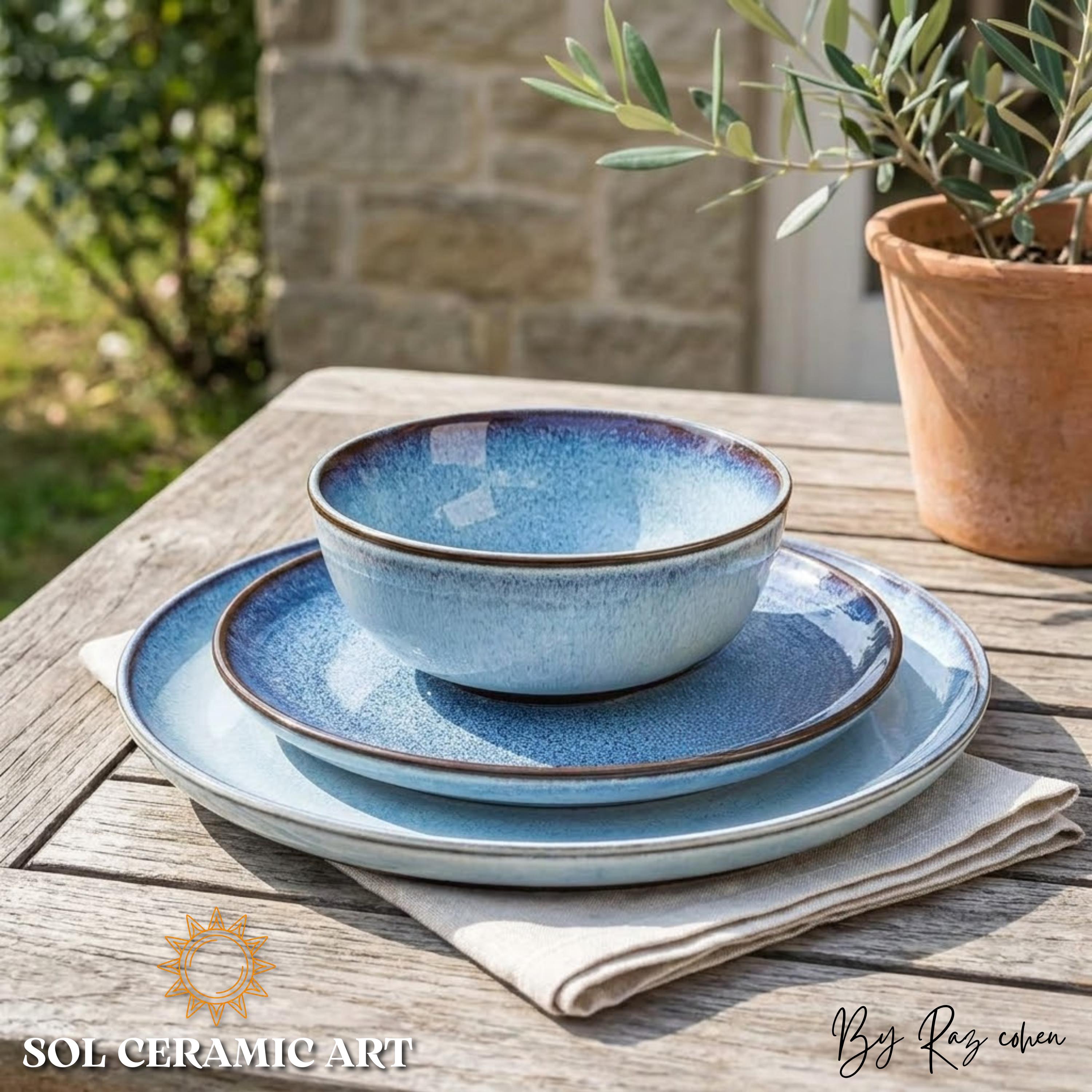 Handmade Wabi Sabi Dinnerware Set, Ocean Blue Pottery Plates, Rustic Mediterranean Tableware Gift