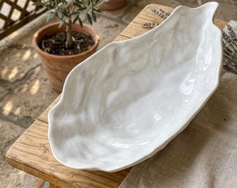 Ceramic Oyster Shell Bowl, White Glazed Pottery, Coastal Decor