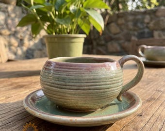 Handmade Wabi Sabi Ceramic Espresso Cup and Saucer, Artisan Stoneware