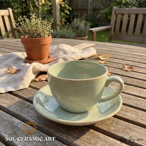 Handmade Gradient Ceramic Coffee Cup and Saucer Set, Artisan Stoneware Misty Sage Green