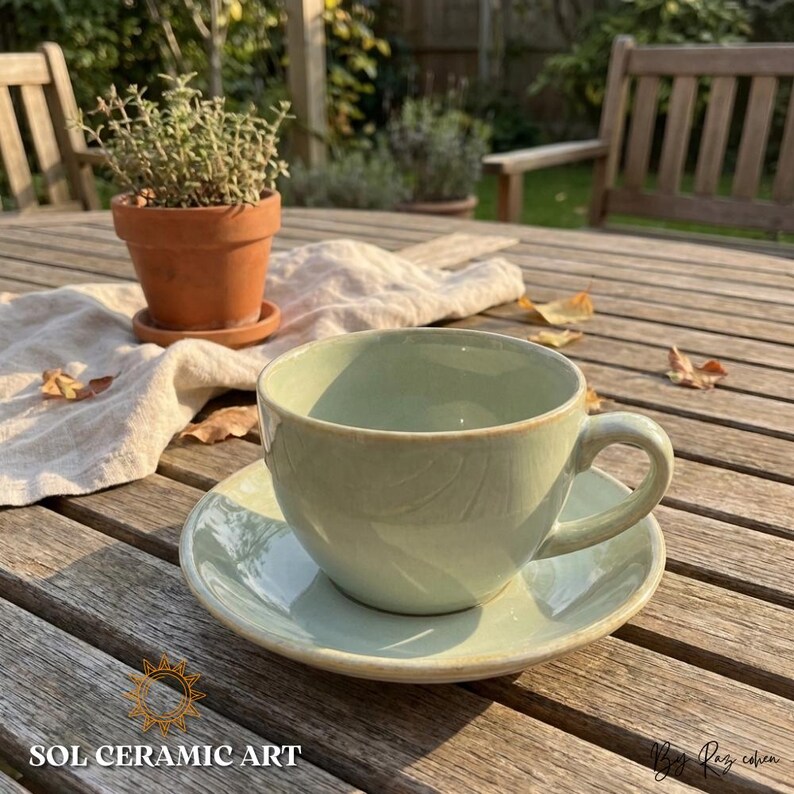 Handmade Gradient Ceramic Coffee Cup and Saucer Set, Artisan Stoneware Misty Sage Green
