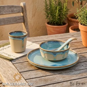 Handmade Blue Drip Glaze Ceramic Breakfast Set for Slow Mornings - Artisan 4-Piece Stoneware Dinnerware, Unique Coastal Housewarming Gift