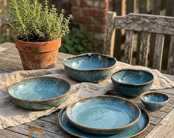 Handmade Stoneware Dinnerware Set, Rustic Ocean Blue Pottery Plates, Artisanal Tableware