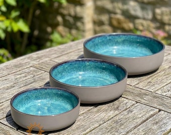 Handmade Teal Blue Ceramic Serving Bowl, Modern Stoneware Pottery Salad Bowl, Housewarming Gift