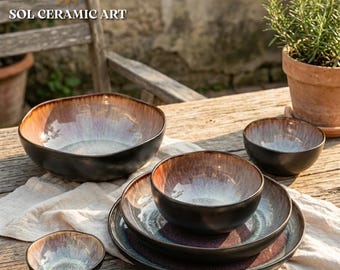 Set of 6 Stoneware Dinner Plates, Earthy Brown Reactive Glaze, Organic Pottery Dish Set