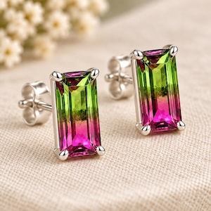Watermelon Tourmaline Sterling Silver Stud Earrings, Rectangular Faceted Gemstone