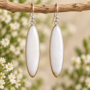 Puede incluir: Un par de pendientes largos y delgados en forma de marquesa, con piedras blancas opacas y lisas engastadas en marcos de metal plateado pulido. Los pendientes cuelgan de ganchos plateados sencillos, mostrando un diseño alargado.