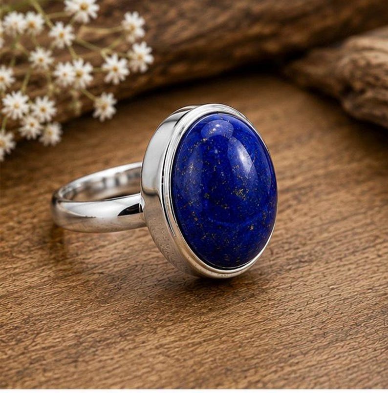 Easy Problem Statement Natural Lapis Lazuli Oval Ring, Sterling Silver Statement Boho Jewelry ...