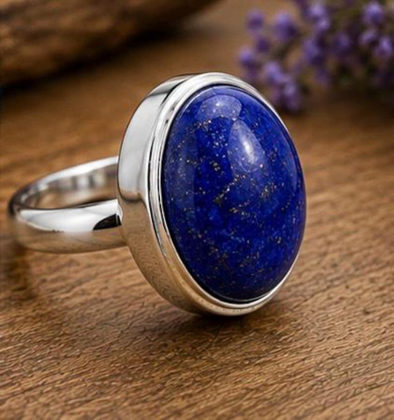 Easy Problem Statement Natural Lapis Lazuli Oval Ring, Sterling Silver Statement Boho Jewelry ...