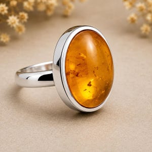 Naturlig bärnstensfärgad oval cabochonring, sterlingsilver med statement boho-smycken