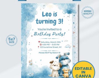 Invitación de cumpleaños con temática de perro, plantilla de invitación para fiesta de cachorros, temática de acuarela, cumpleaños de niño azul, Canva editable de 5x7, descarga instantánea