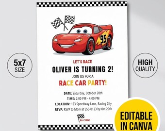 Birthday Party Invitation, Cars Theme Invite Card, Lightning McQueen Party Invite, Editable Canva, 5x7 Digital Download for Birthdays
