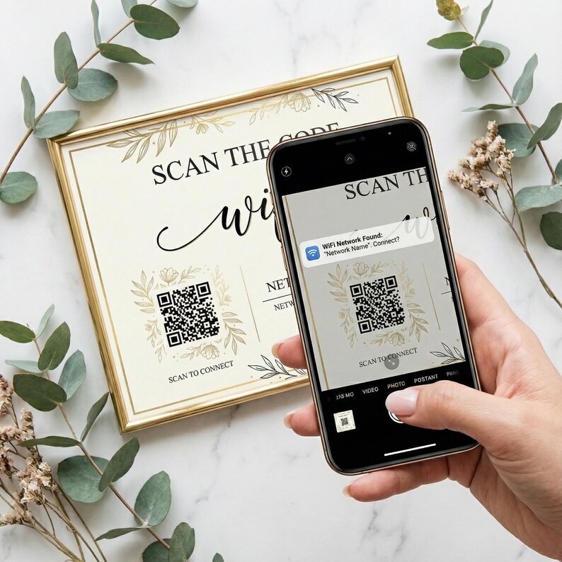 Gold Passcode Interface Gold Floral Wifi Password Sign, QR Code, Editable Canva Template (5x7 ...