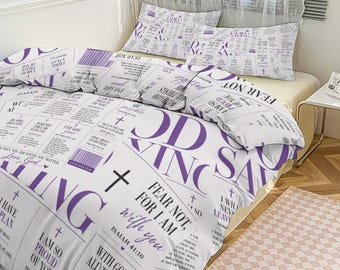 Set di biancheria da letto a 3 pezzi con citazioni divine ispirate alla fede / Decorazione per camera da letto cristiana con versetti biblici color lavanda