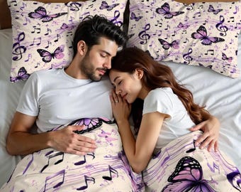 Butterfly Music Notes Queen Duvet Cover Set | Musical Bedding Decor