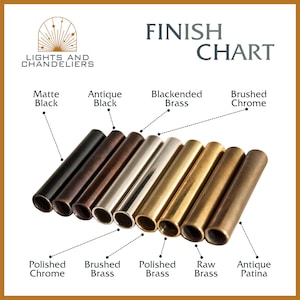 May include: A finish chart displays various metal tube samples in a range of colors and textures. The finishes include matte black, antique black, blackened brass, brushed chrome, polished chrome, brushed brass, polished brass, raw brass, and antique patina.