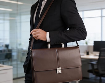 Personalized Vintage Leather Briefcase for Men, Leather Laptop Messenger Bag, Custom Work Shoulder Bag, Employee Gift for Him