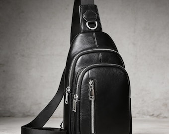 Leather Crossbody Bag Chest Sling | Black Travel Cross Body Chest Bag | Genuine Leather Men's EDC Sling