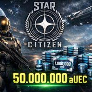 May include: A promotional image for "Star Citizen" shows a space soldier with a rifle, set against a futuristic cityscape and space background. The Star Citizen logo is visible, along with stacks of blue and silver containers and the text "50.000.000 aUEC" and "1.000.000 UEC".