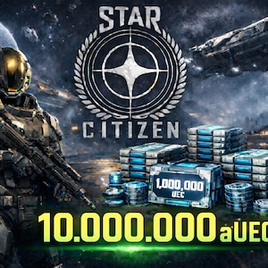 May include: A digital art image promoting Star Citizen, featuring a futuristic soldier with a weapon, a spaceship, and stacks of blue and silver crates. The text includes "STAR CITIZEN" and "10.000.000 aUEC".