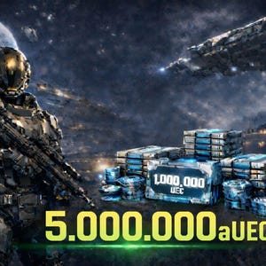May include: A futuristic soldier in metallic armor holding a rifle, set against a space-themed backdrop. Stacks of blue and silver containers with the text "1,000,000 UEC" are visible, along with the text "5.000.000aUEC". A spaceship and a planet are in the background.