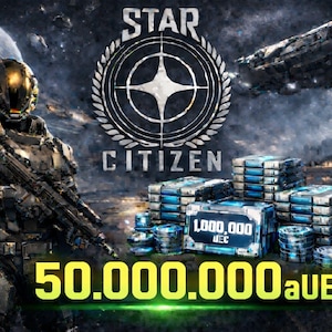 May include: Digital artwork depicting a futuristic soldier in a metallic suit, holding a rifle, with the Star Citizen logo and text. Stacks of blue and silver crates and the text "50.000.000aUEC" are also visible.