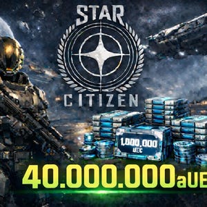 May include: Digital artwork promoting "Star Citizen" featuring a futuristic soldier, a spaceship, and stacks of blue and silver containers. The image includes the text "STAR CITIZEN" and "40.000.000aUEC" with a digital display showing "1,000,000 UEC".