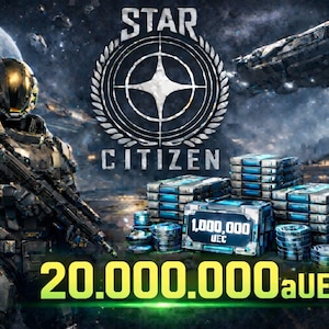 May include: A digital art image promoting "Star Citizen" features a futuristic soldier with a weapon, a spaceship, and stacks of digital currency. The text includes "STAR CITIZEN" and "20.000.000 aUEC" with a display showing "1,000,000 UEC".