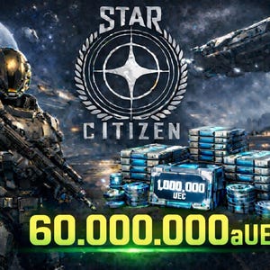 May include: Digital art featuring a futuristic soldier in armor holding a rifle, with the "STAR CITIZEN" logo above stacks of blue and silver containers. The image includes the text "1,000,000 UEC" and "60.000.000aUEC" against a space-themed backdrop.