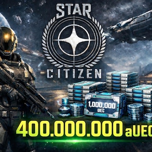 May include: A futuristic image featuring a space marine holding a rifle, with the "Star Citizen" logo prominently displayed. Stacks of blue and silver crates and coins are in the foreground, with the text "400,000,000 aUEC" in green.