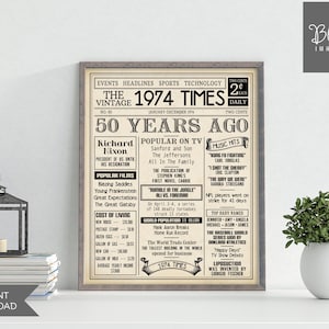 50th birthday gift for men, 1974 Birthday NEWSPAPER 50th Birthday | 1974 Facts 50th Adult Birthday, Turning 50 Sign, 50th Birthday Poster,