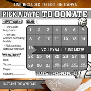 Editable Volleyball Calendar Fundraiser pick a date to donate Volleyball fundraiser pay the date Easy Volley ball fundraise team fundraiser