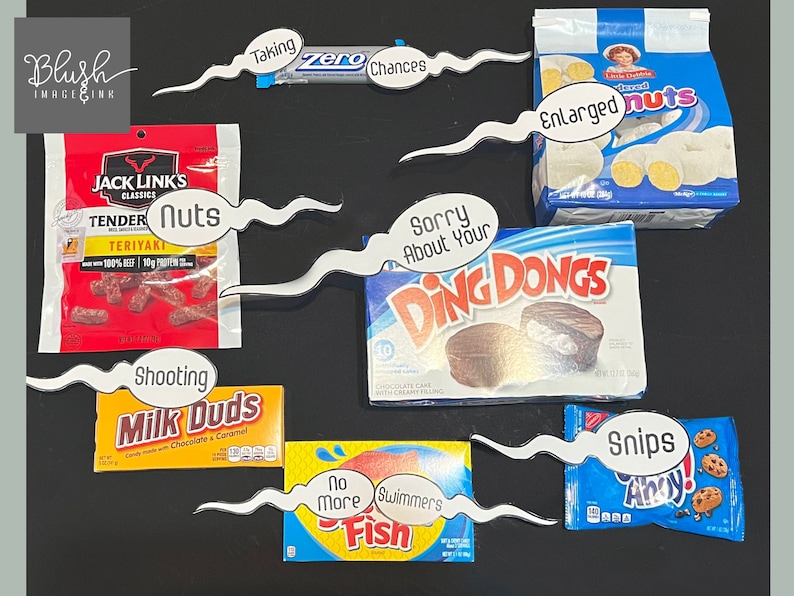 May include: A collection of snack foods with humorous captions. The snacks include: Jack Link's Teriyaki Beef Jerky, Milk Duds, Ding Dongs, Little Debbie Nutty Bars, and Snips. The captions include: "Taking Zero Chances", "Nuts", "Shooting", "Sorry About Your", "Enlarged", and "Snips".