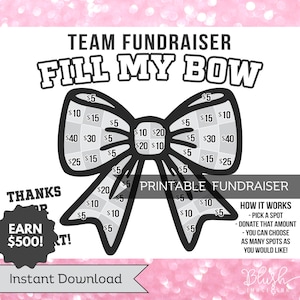 Puede incluir: Un juego de recaudación de fondos imprimible con un diseño de lazo en blanco y negro. El lazo está dividido en secciones con cantidades en dólares que van desde $ 5 hasta $ 40. El texto "TEAM FUNDRAISER FILL MY BOW" está en la parte superior de la página. El texto "PRINTABLE FUNDRAISER" está debajo del lazo. El texto "HOW IT WORKS" está en el lado derecho de la página con instrucciones sobre cómo jugar el juego. El texto "THANKS FOR EARN $500!" está en el lado izquierdo de la página. El texto "Instant Download" está en la parte inferior de la página.