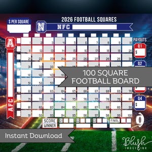 100 carrés de bol de football Super Football Pool Bowl carrés de football modifiables Collecte de fonds pour l'équipe Football Bowl 2025 carrés de football imprimables